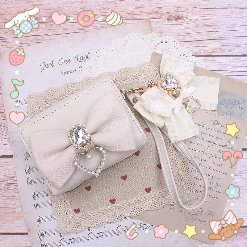 Portafoglio Lolita giapponese dolce e carino fatto a mano giapponese Portafoglio morbido con fiocco in strass in pizzo per ragazza Portafoglio di grande capacità per donna