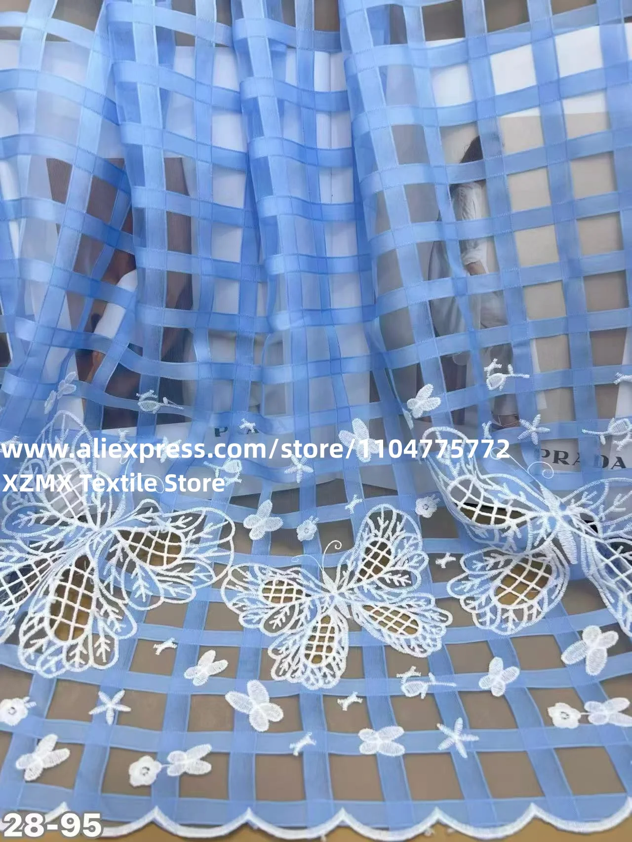 Light Blue Checkered Organza With Butterfly Embroidery Hollow Mesh Fabric Scallop Trim For Party Dress DIY Garment Making