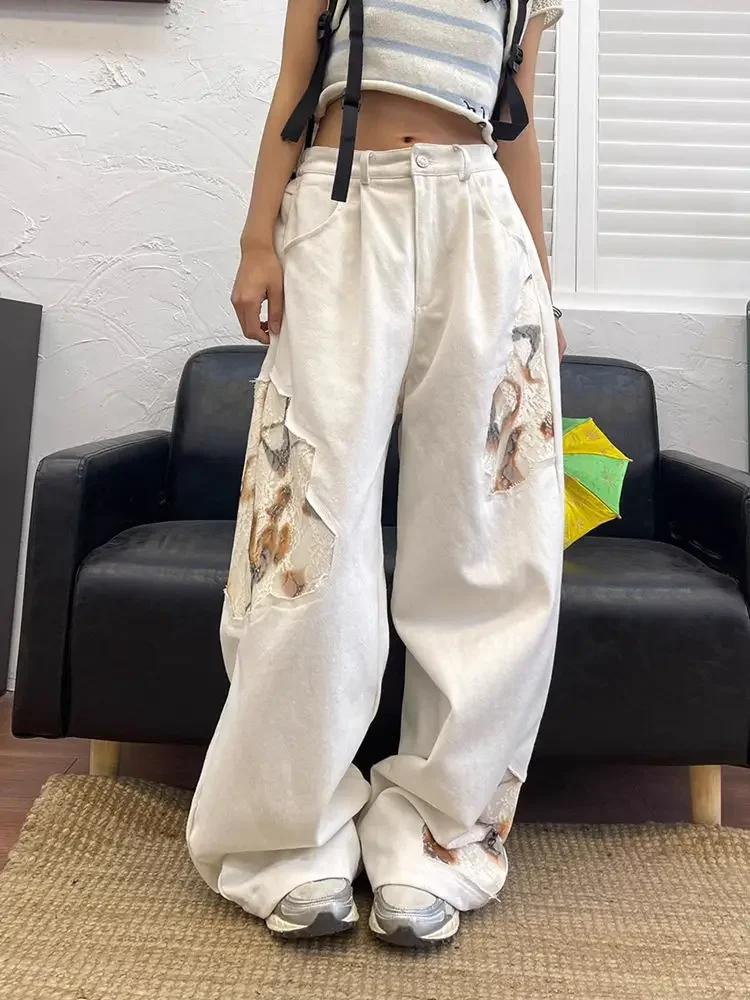 

Retro Lace Spliced ​​white Jeans for Women's Spring and Autumn Style Design High Street Straight Loose Wide-leg Trousers
