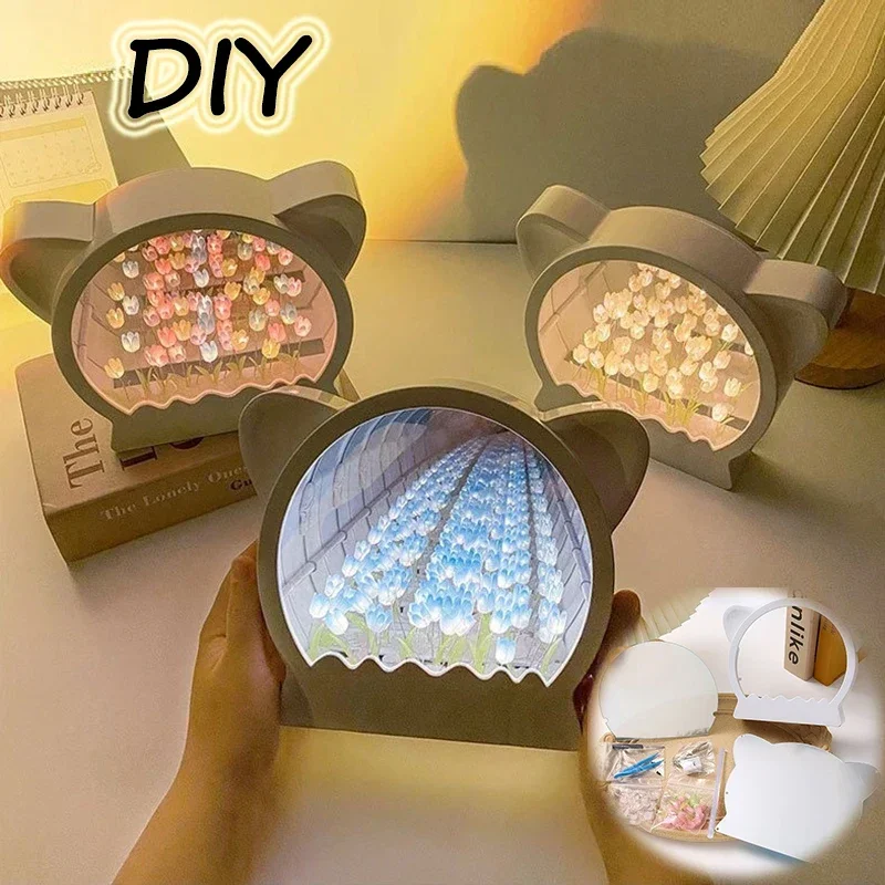 DIY Cat Head Tulip Mirror Simulating Flower Bedroom Sleeping Table Light Handmade Craft Tulip Mirror Night Light Birthday Gift