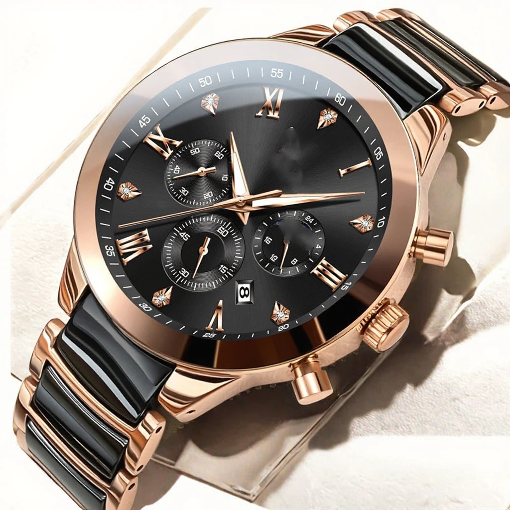 OLEVS 럭셔리 스포츠 비즈니스 크로노그래프 시계 방수 세라믹 쿼츠 스테인리스 스틸 밴드 합금 케이스 포인터 다이얼