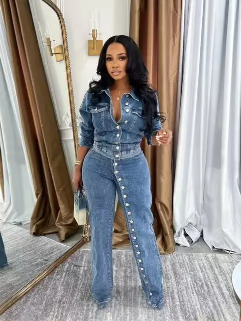 Jeans Suit Women Denim 2 Piece Set Coat Straight Pants Single Breasted Jacket Trousers Outfits Streetwear Ensemble Summer 2026 view 4