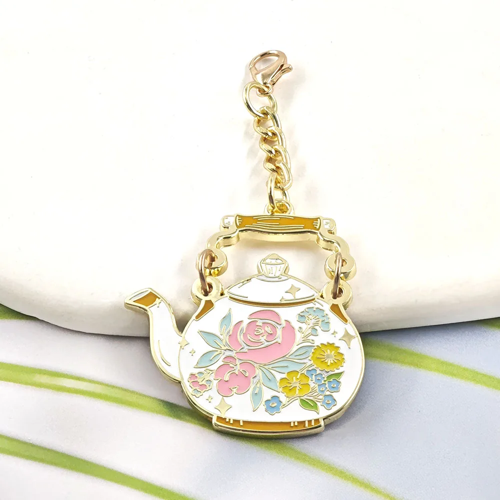 Vintage Floral Teapot Keychain Cute Cottagecore Flower Rose Keyrings Metal Enamel Tea Party Charm Pendant Bag Jewelry Gift