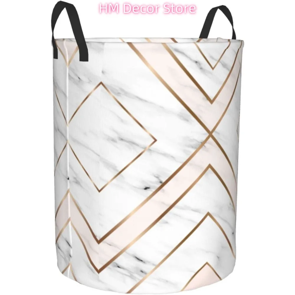 Grey Texture Rose Gold Lines White Marble Laundry Basket Waterproof Oxford Cloth Organizer Basket Collapsible Clothes Hamper wit