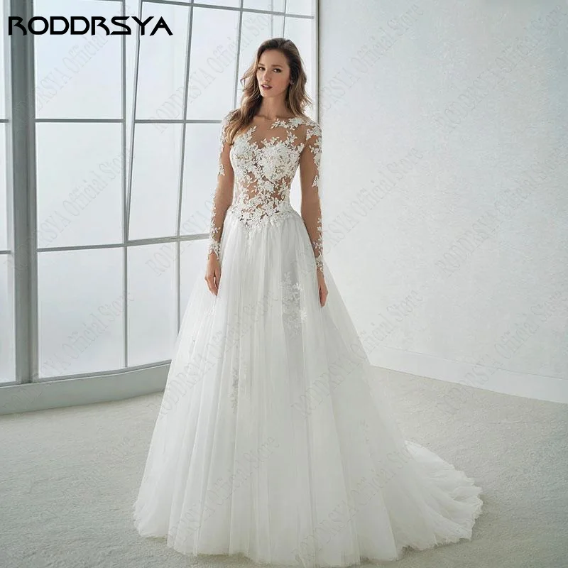 Roddrsya Hals Trouwjurken Voor Vrouwen Illusion Applicaties Vestido Casamento Boho Lace Tulle Sweep Trein Bruidsjurken Sexy