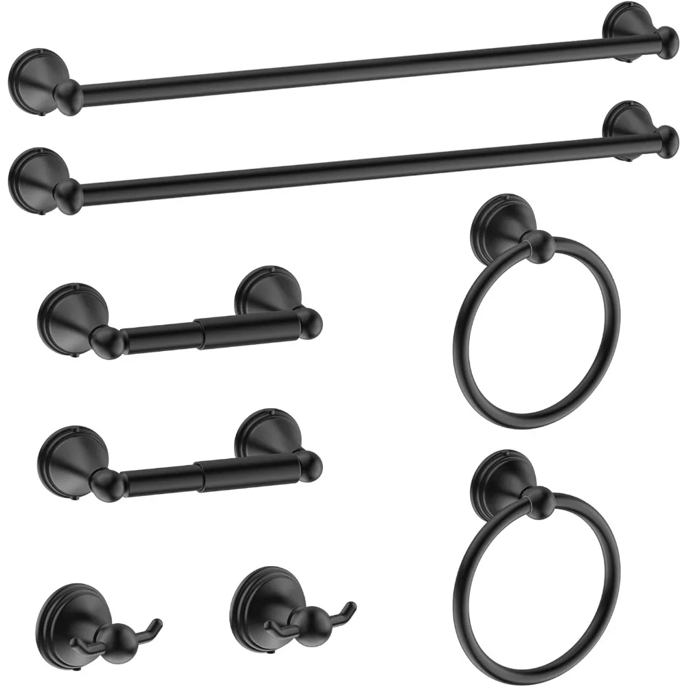 

8-Piece Matte Black Bathroom Accessories Set with Towel Bars, Holders, Rings & Hooks