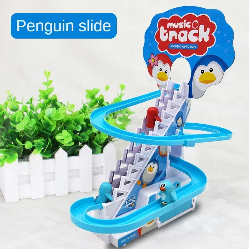Interactive Music Toys for Kids Climbing Stairs Duck and Penguin Parent-Child Puzzle Slide with Electric Railcar and Lights