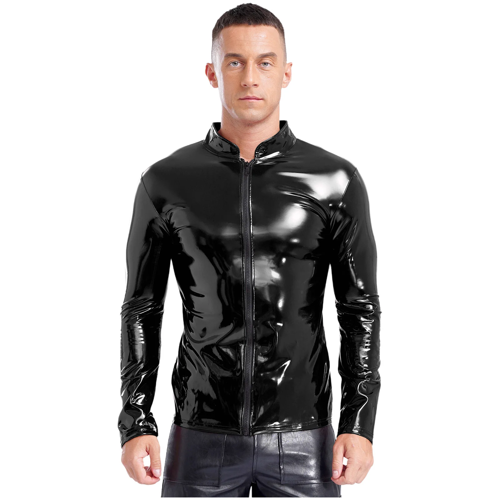 

Men's Fashion PU Leather Shirt Top Long Sleeve Shiny Slim Fit Biker's Motor Outfits Shirt Driving Racing Punk Coat Club Wear