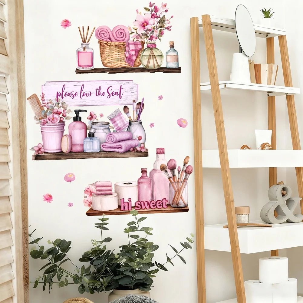 Creative Pink Vase Makeup Brush Holder Wall Sticker for Living Room Bedroom Study Room PVC Waterproof Material