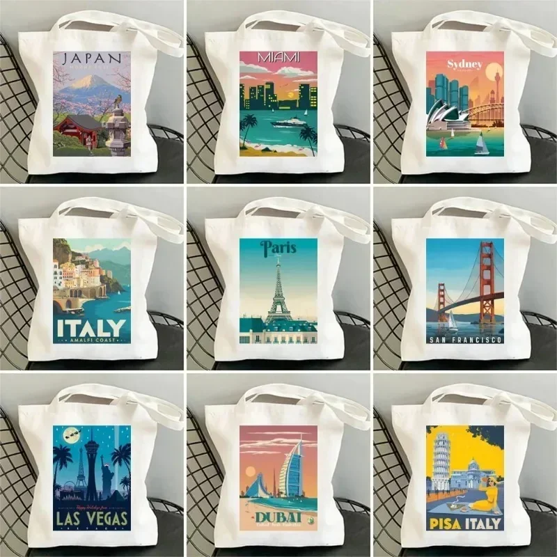 Paris Cityscape Women Shoulder Bag Tokyo Sydney Architectural Logo Eco Tote Large Capacity Portable Canvas Casual Shopping Bag