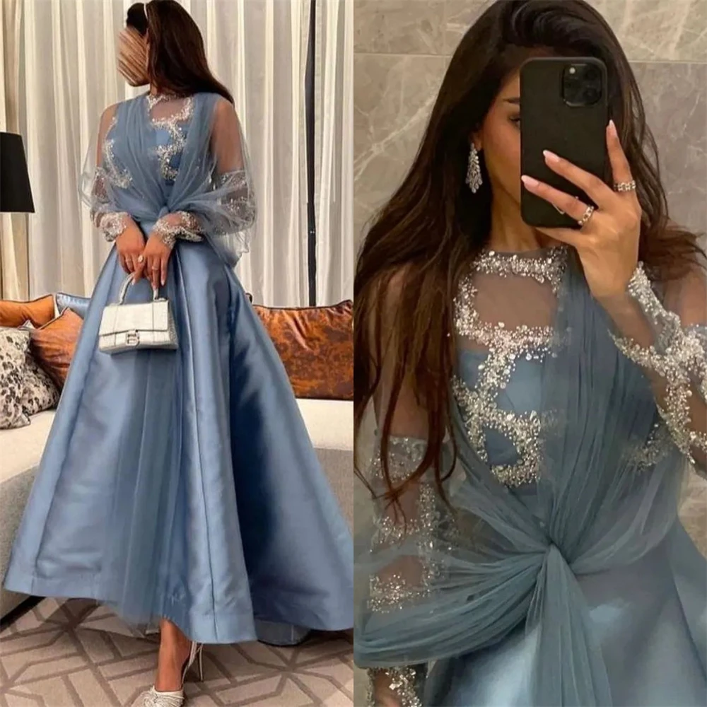 

Evening Saudi Arabia Satin Rhinestone Celebrity A-line Scoop Neck Bespoke Occasion Gown Midi Dresses