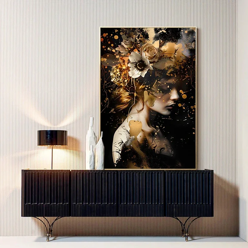 1pc frameless Canvas Painting Abstract Black and Gold Floral Woman Canvas Painting Flower Portrait Poster Print Wall Art Picture