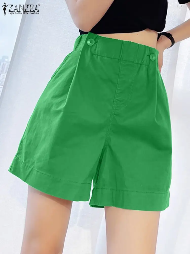 

ZANZEA Women Stylish Button Down Shorts 2024 Fashion Solid Color Green Short Pants Casual Loose Wide Leg Trousers Streetwear