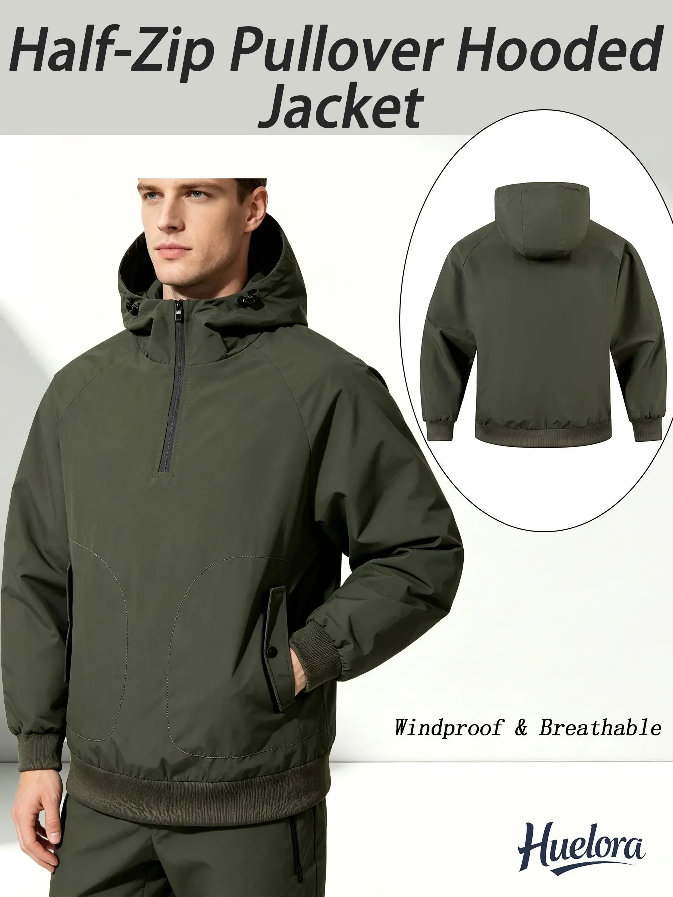 Half Zip Pullover Hooded Jacket for Men Windproof Breathable Windbreaker Adjustable Hood Snap Pockets Loose Casual Daily Hiking