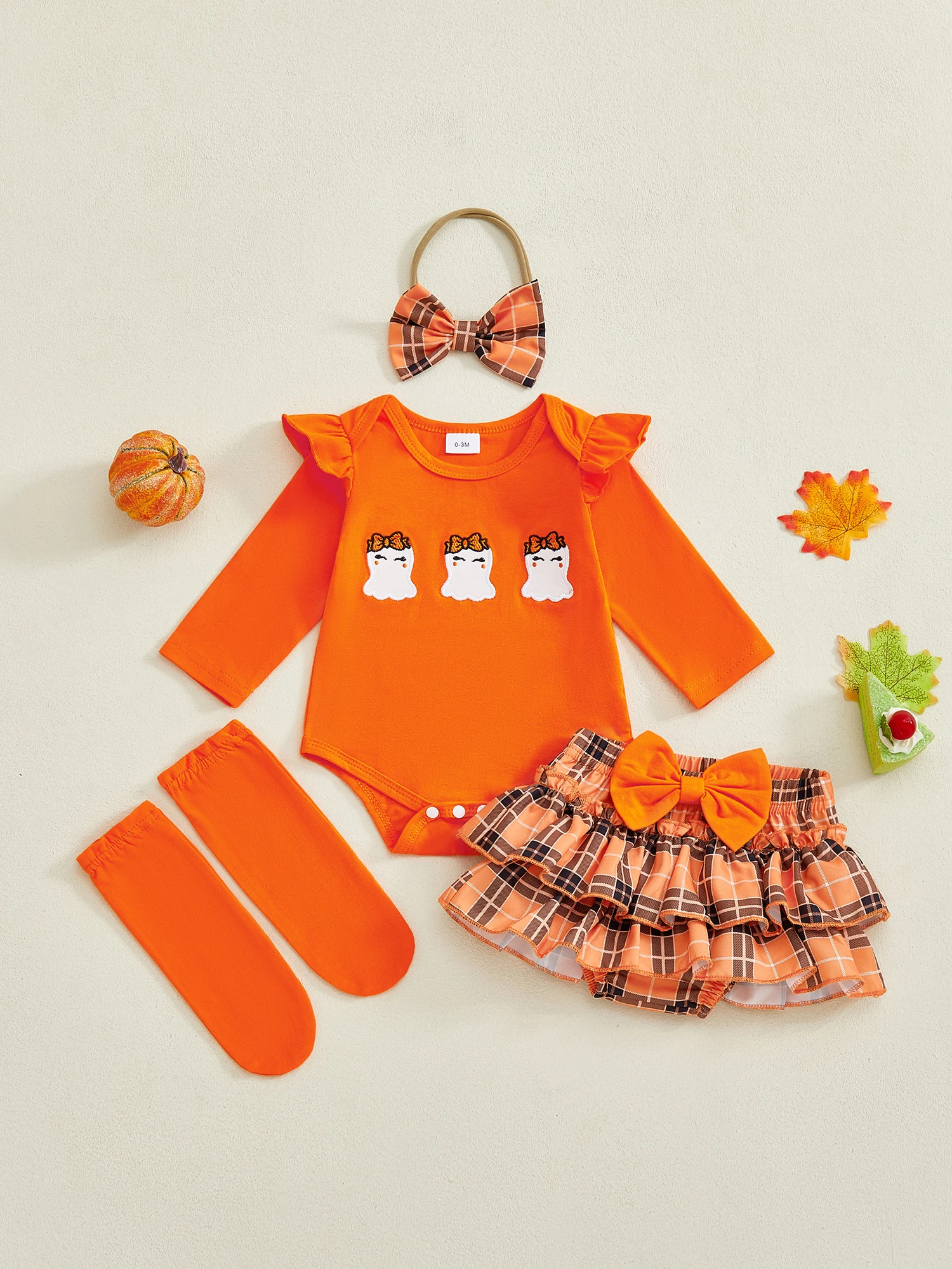

Toddler Girl Outfit Set Adorable Pumpkin Patch Applique Bodysuit with Ruffle Skirt Bow Headband and Tights for Halloween