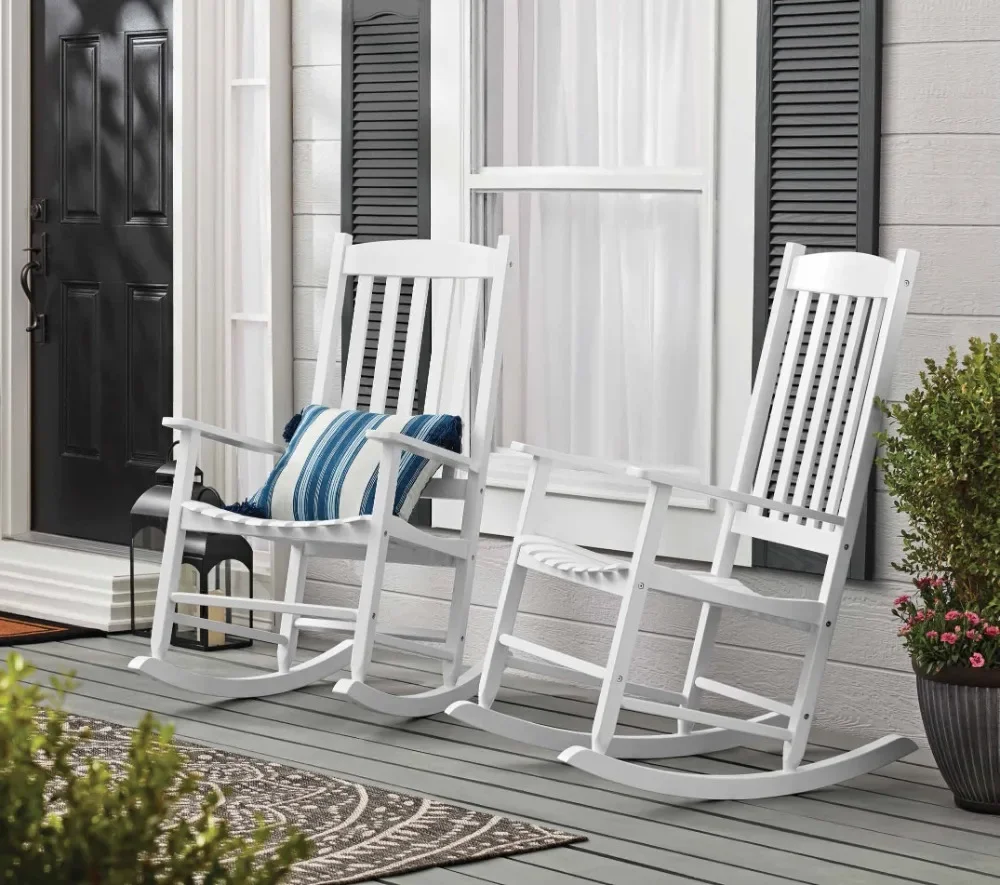 Outdoor Wood Porch Rocking Chair, White Color, Weather Resistant Finish