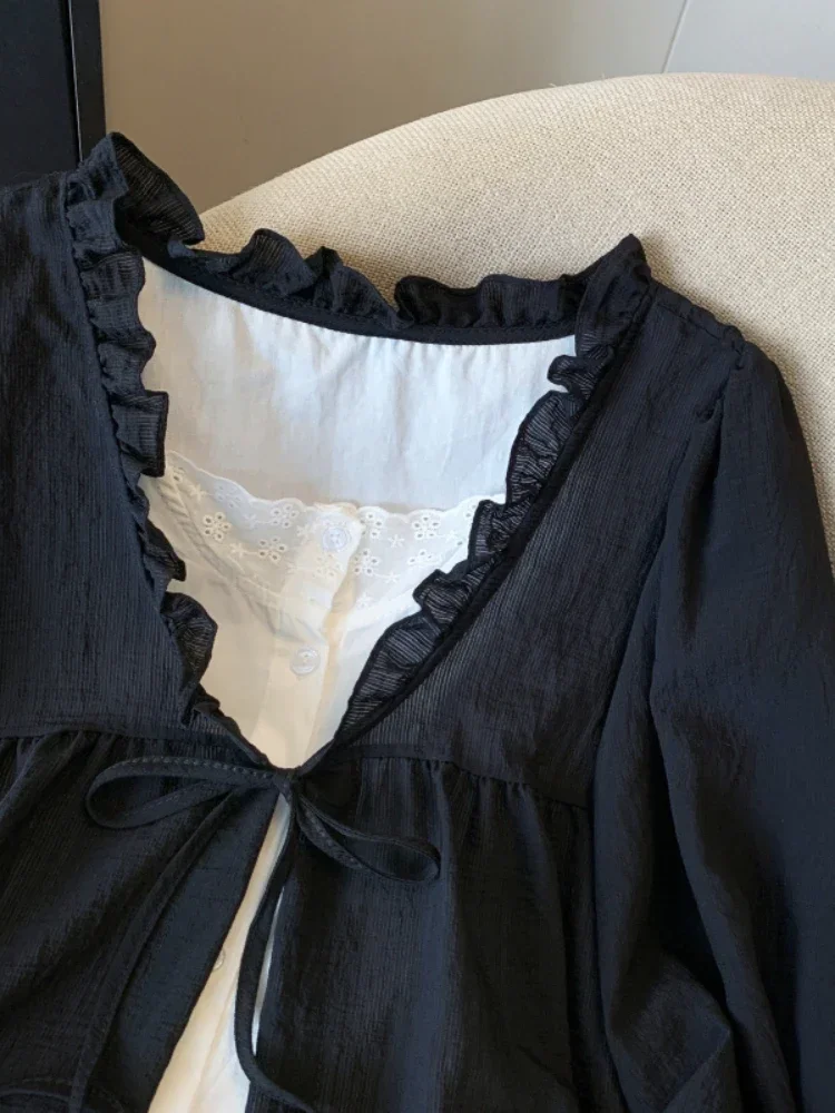 Fashion Elegant Blouses Fake Two Piece Patchwork Contrast Color Lace Up Folds Shirts Spring Autumn All Match Women Clothing 2024