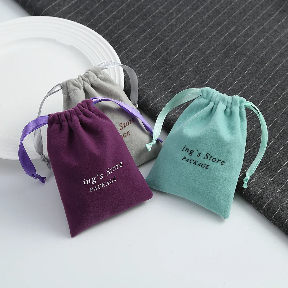 50pcs Velvet Gift Bags With Ribbon 5x7cm 7X9cm Jewelry Organizer Drawstring Pouches Custom Logo Name Wedding Favor Candy Bag