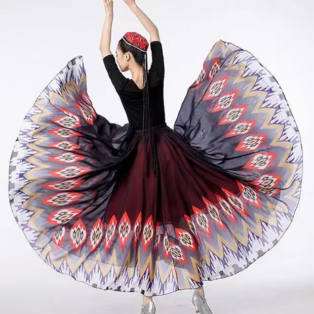 Women's Traditional Flamenco Dance Red and Black Flowing Half-Skirt 720-Degree Spin Practice Cosplay Stage Dance Performance