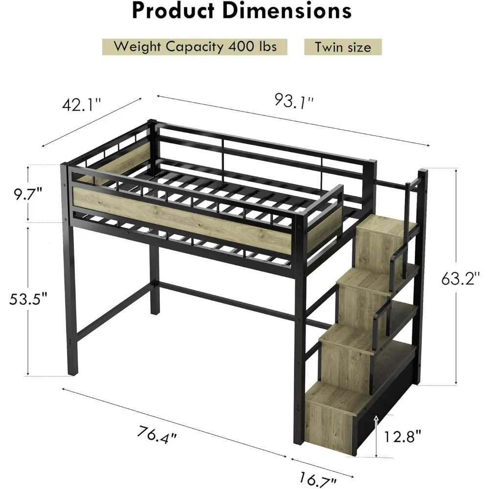 سرير علوي معدني مزدوج الحجم مع سلالم وأدراج تخزين، إطار سرير عالي التحمل موفر للمساحة للمراهقين والصغار، بدون صندوق زنبركي #2