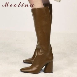 Meotina Women Genuine Leather Knee High Boot Square Toe Block High Heels Zipper Long Boots Ladies Fashion Shoes Autumn Winter 43