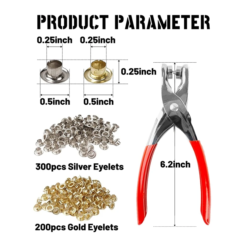 500Piece 1/4 Inch Grommet Tool Kit Leather Hole Punch Pliers Grommets Kit With 500 Metal Gold And Silver Leather, Shoes