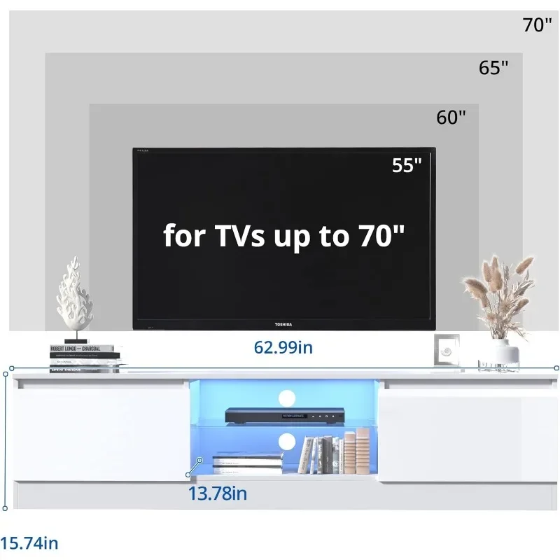 White TV Stand for 65/70 Inch TV, Media Console Tables with High Gloss Modern Style, LED Entertainment Center with Large Storage