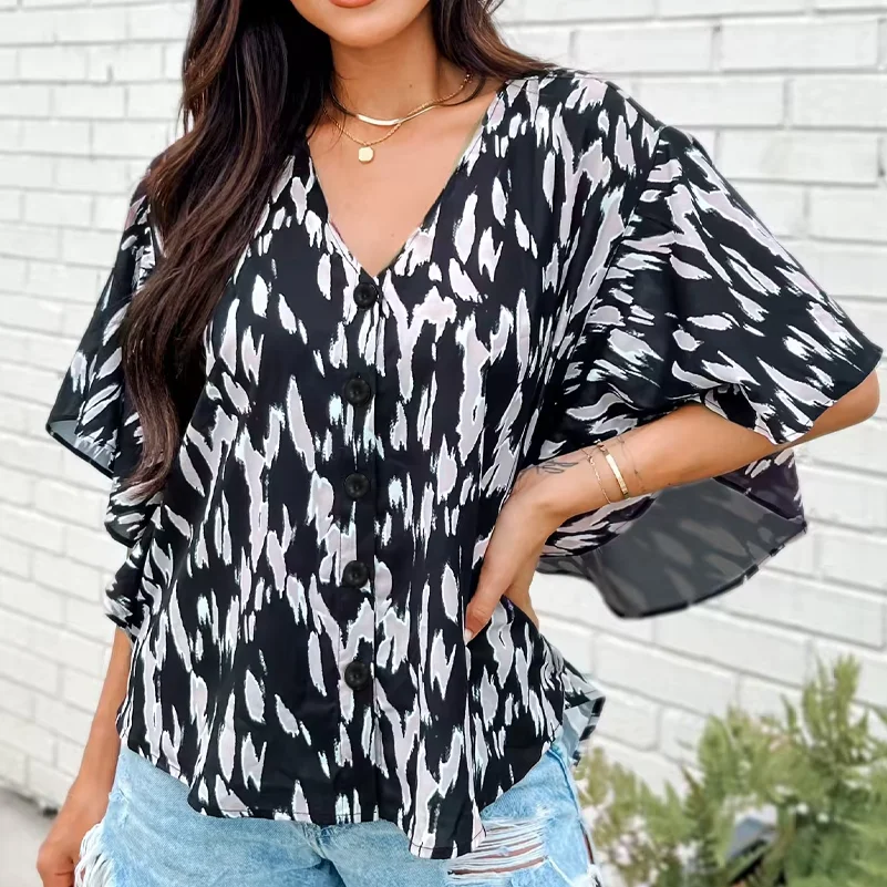 Plus Size Women's Shirt, Spotted Printed Cardigan Button V Neck Top. Casual and Fashionable Summer Clothing image 5