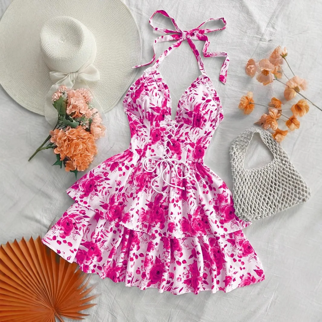 Women Backless Dresses Print Drawstring A Line Dress Mini Lenth Strapless Sleeveless Waist Cinch Slim Holiday Casual 2026 Summer