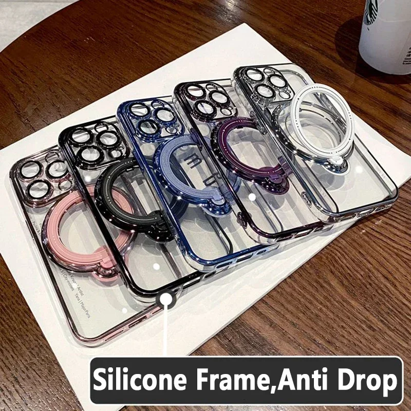 Transparent Luxury Standing Holder Phone Case For iPhone 15 14 13 12 11 Pro Max Plus XR XS Max X For Magsafe Ring Cases Cover