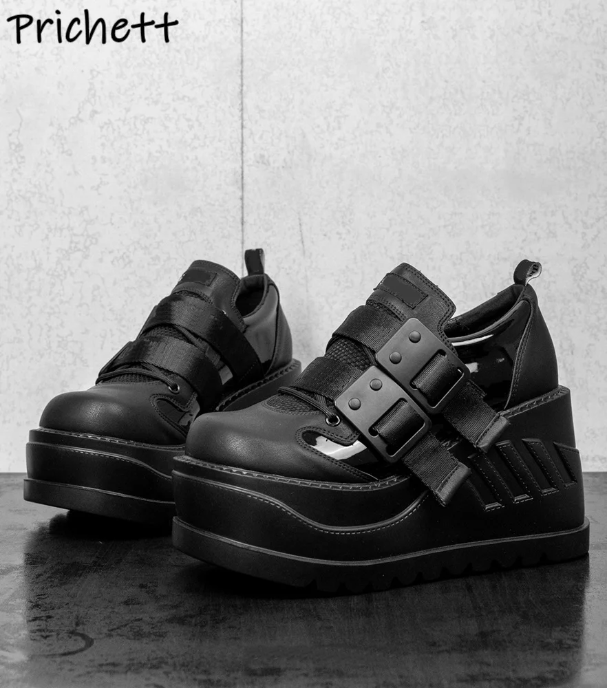 Buckle Belt Leather Pumps Wedges Shallow Black Round Toe Fashion Dark Punk Leisure Shoes Women's Punk Mary Jane Cool Shoes 2025