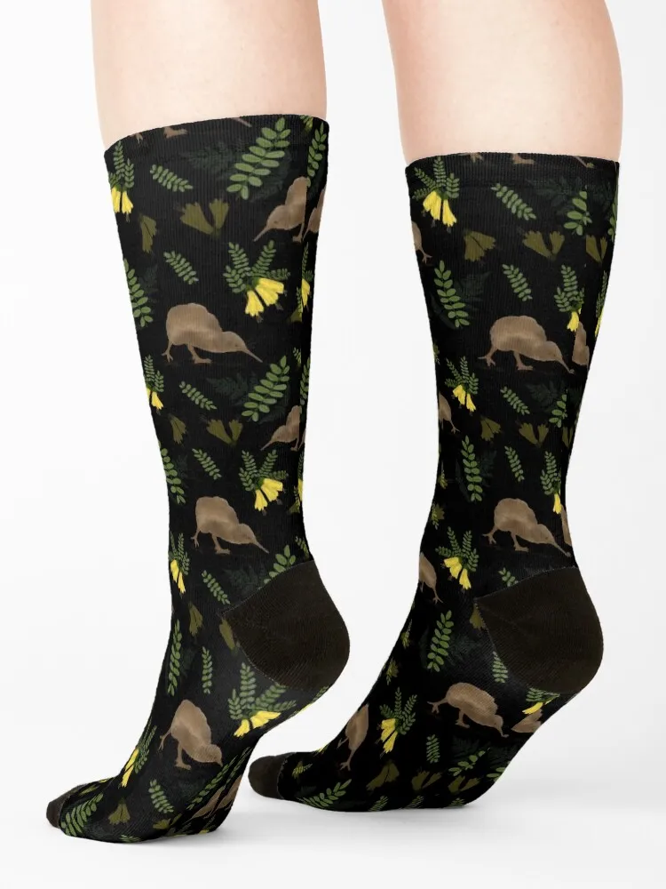 New Zealand Kiwi Bird and Kowhai Pattern Design on Black Socks anti slip football Climbing FASHION Rugby Ladies Socks Men's