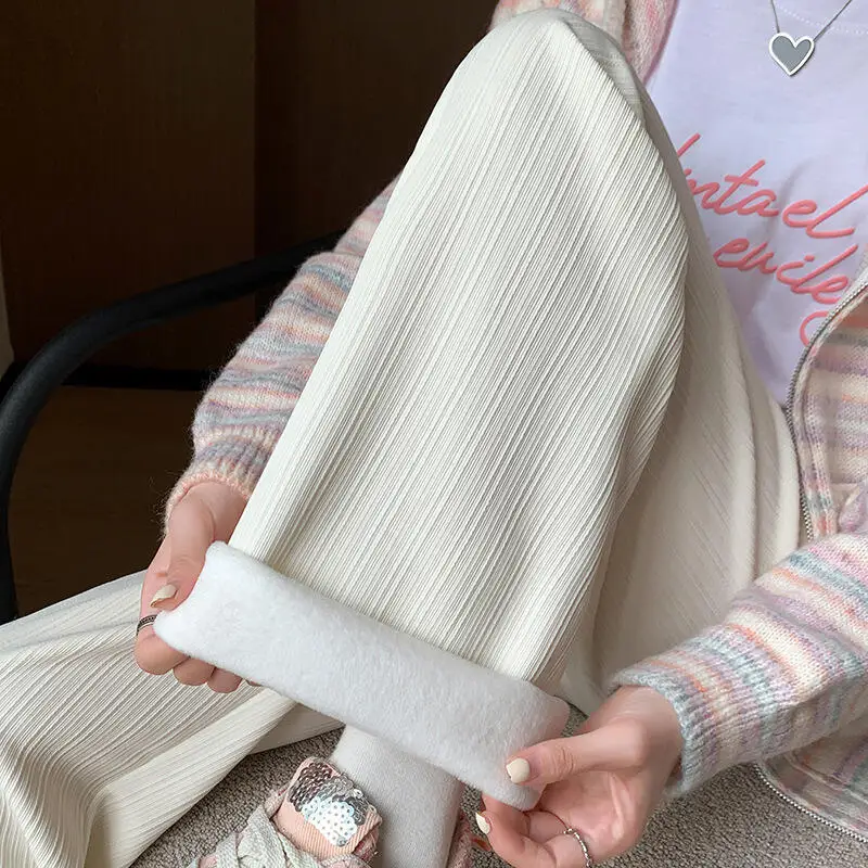 여성용 벨벳 와이드 레그 팬츠 하이 웨이스트 스트레이트 캐주얼 루즈핏 슬림핏 루즈 바지 캐주얼 세로 줄무늬 가을 겨울