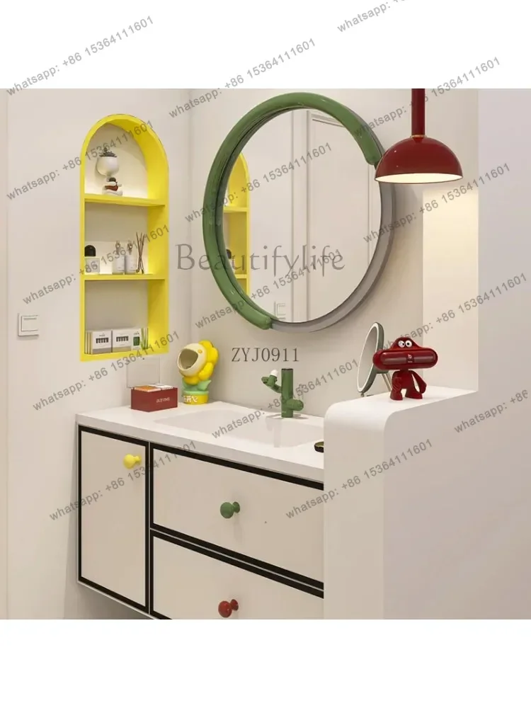 yj57 Rubber wood bathroom cabinet combination bathroom rock slab seamless ceramic integrated basin makeup washstand