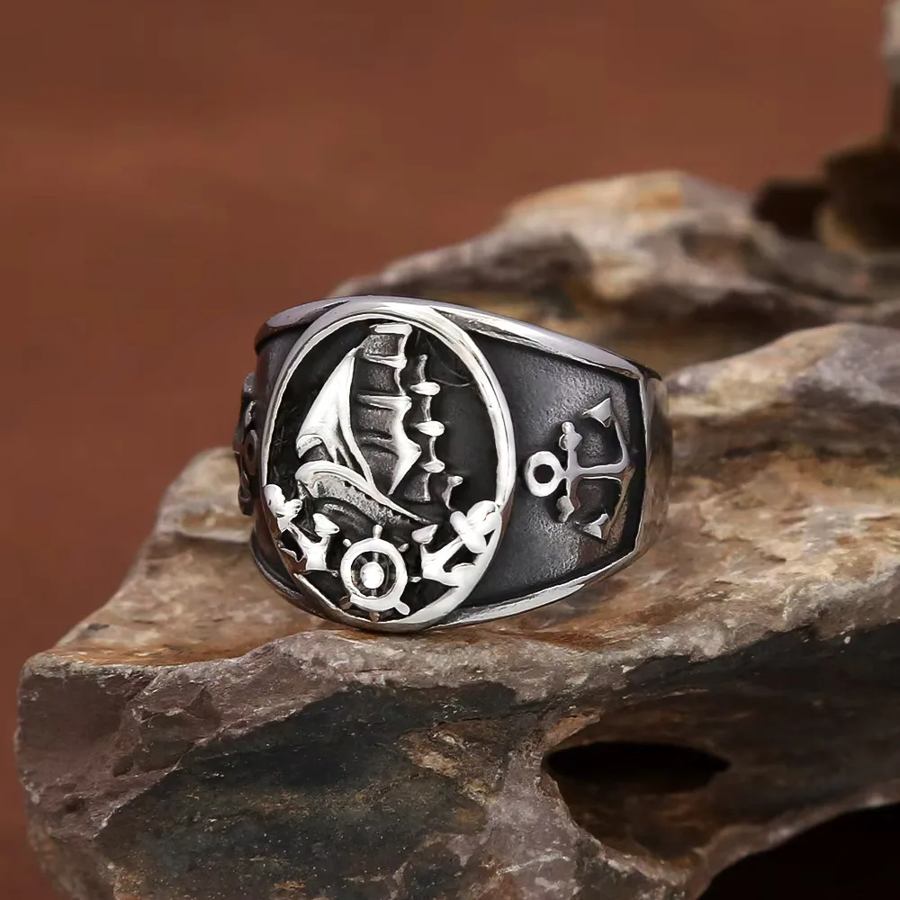 Bague Chevalière Vintage Nautique Nordique en Acier Inoxydable, Motif Voilier, Pirate et Roue d'Ancrage, Amulette pour Hommes, Bijou de Mode Urbaine