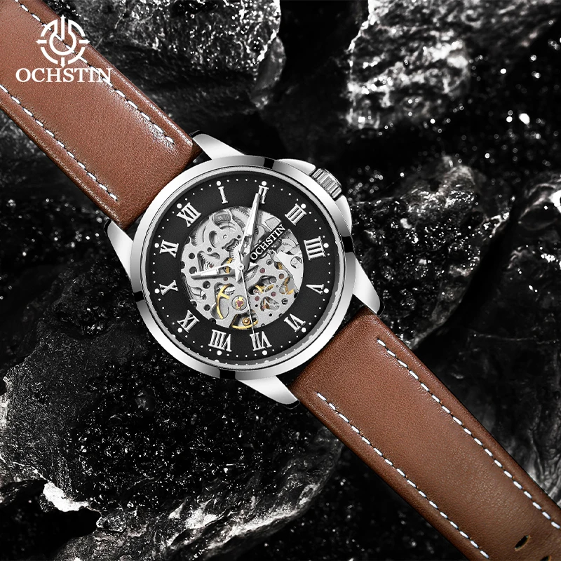 OCHSTIN Men's Architect Skeleton Mechanical Watch Unique Alloy Case Solid Shell Skin-friendly Soft Genuine Leather Strap Clock