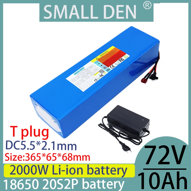 New 72V 10ah lithium battery pack with built-in BMS 18650, suitable for 2000W rechargeable battery pack motor+84V 2A 3A charger