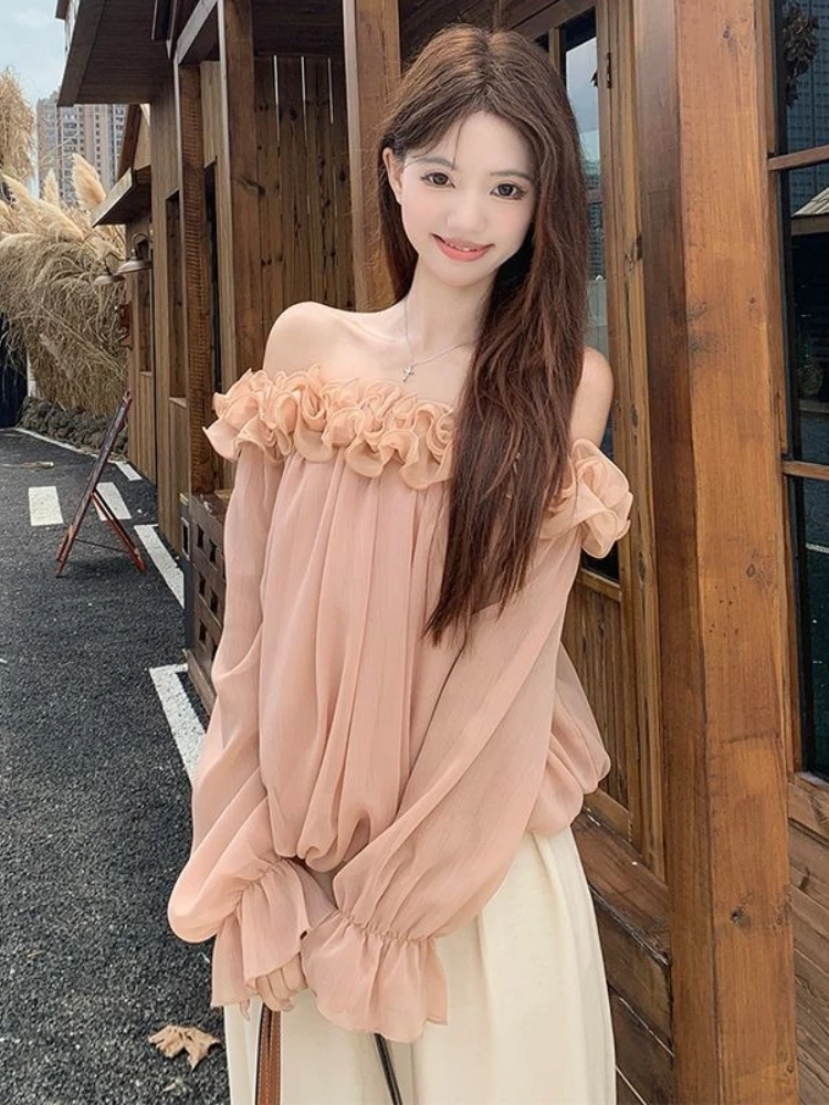 Damska bluzka w stylu francuskim z odkrytymi ramionami, długi rękaw, wzór z kwiatami 3D, lekki luksus, modny top, odzież codzienna, zakrywająca brzuch.