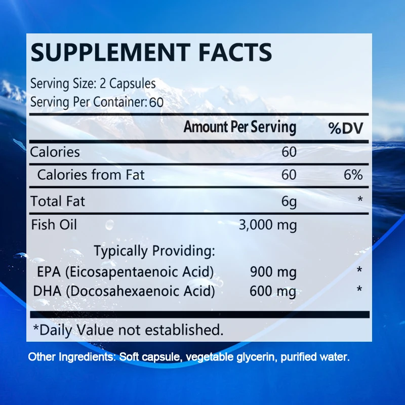 Omega 3 Fish Oil Capsules Supplement Rich in DHA and EPA Anti-aging Skin Eyes Heart Brain Health Support Immune System