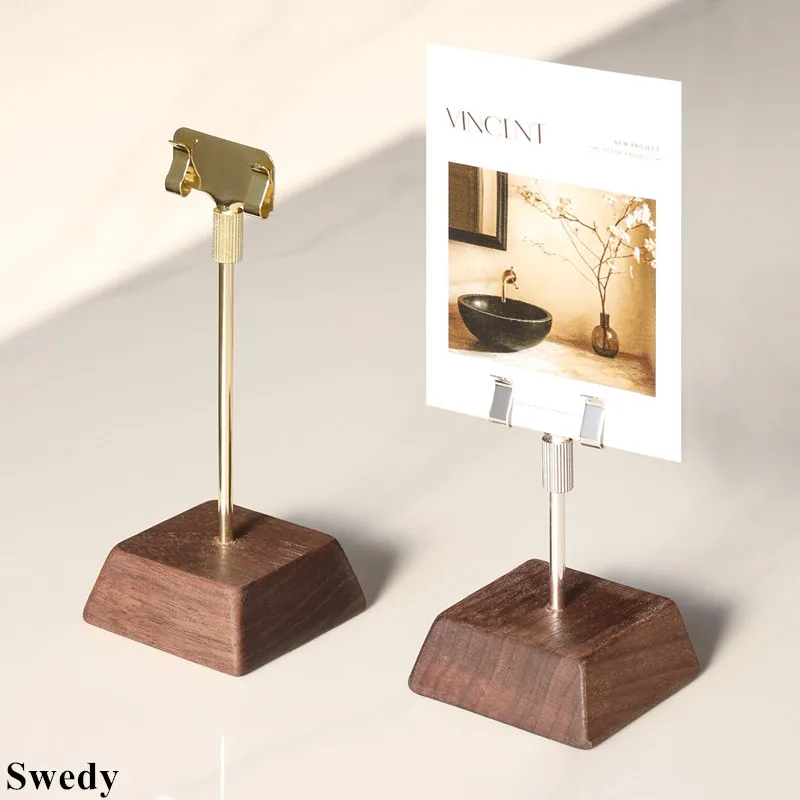 5 Pieces Adjustable Metal Clip Card Stand Wood Base Desktop Menu Label Holder Multi-Purpose Display Rack Table Number Stand