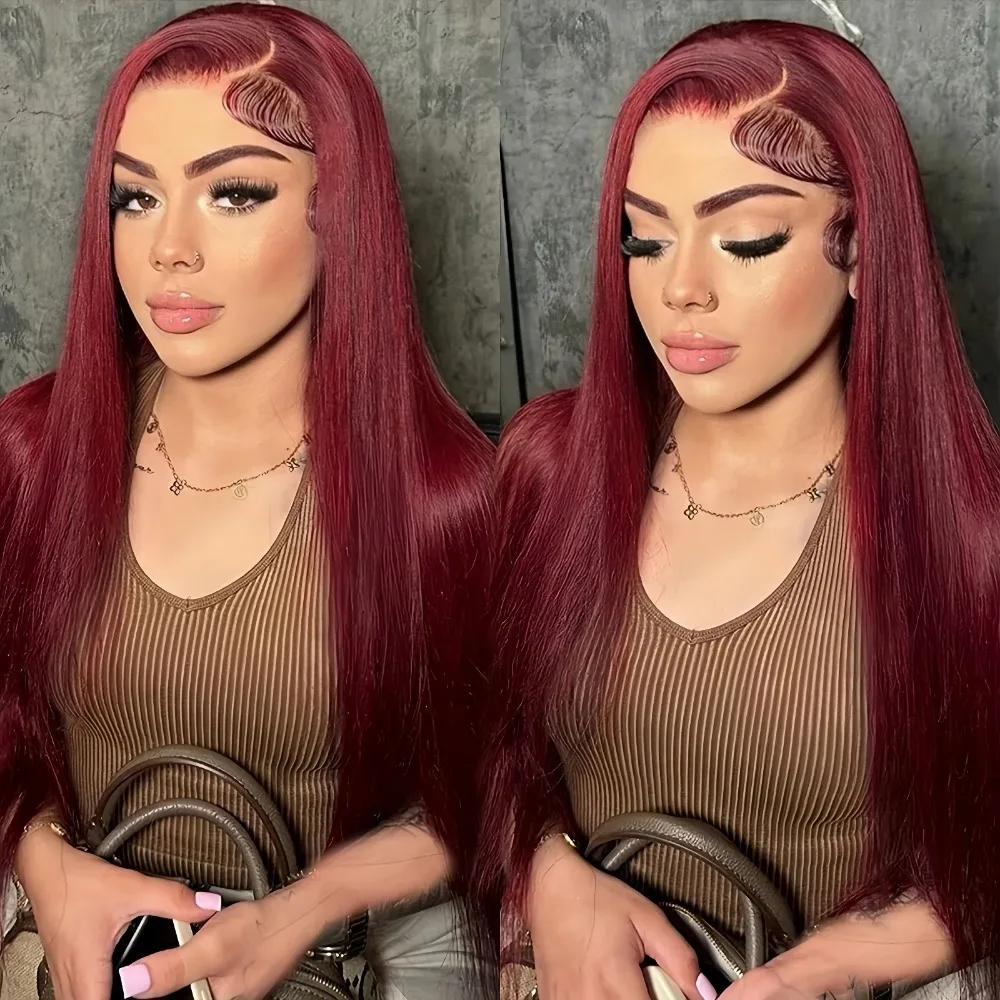 99j Burgund 13x6 HD Transparent Lace Frontal Perücke Rot 13x4 Gerade Lace Front Perücken Echthaar für Frauen vorgezupft 200 Dichte