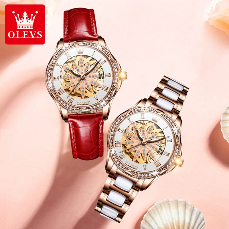 OLEVS 6681 Brand Watch for Women Elegant Rose Gold Hollowed Flower Diamond Dial Fashion Luxury Ladies Automatic Mechanical Watch