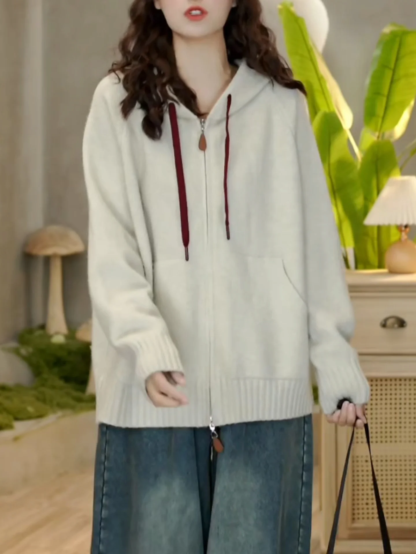 

Ladies' Hooded Knitted Cardigan Coat White Casual Sle Large Size Sports Faion Korean Version Warmth Heating Long Sve