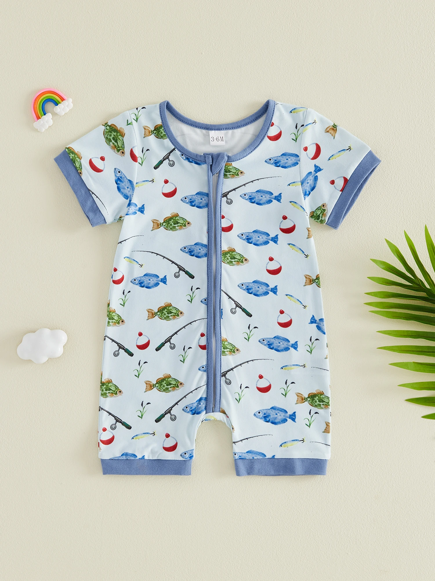 

Модный пляжный комбинезон для малышей, стильный комбинезон с рисунком океанских рыб, с короткими рукавами, круглым вырезом и застежкой-молнией для летних развлечений