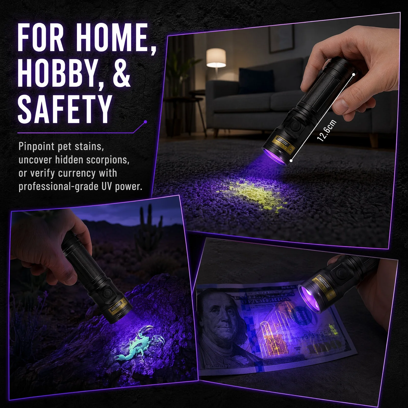 20W 365nm UV USB Rechargeable Flashlight UV Glue Curing Aluminum Torch Pet Stain Tinea Ore Jade Money Scorpion Detection Light view 3