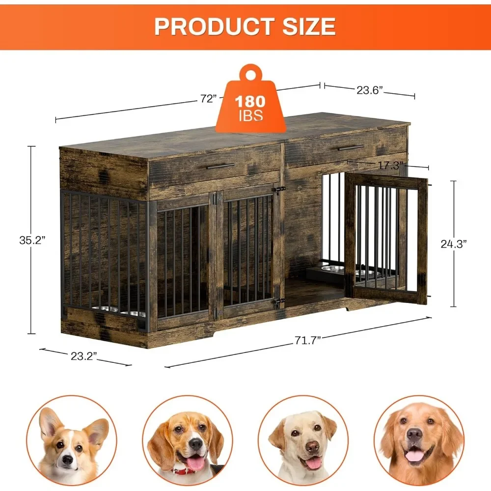 Niche double pour chien, mobilier d'intérieur pour 2 chiens, 72 pouces, 2 sorties de proximité