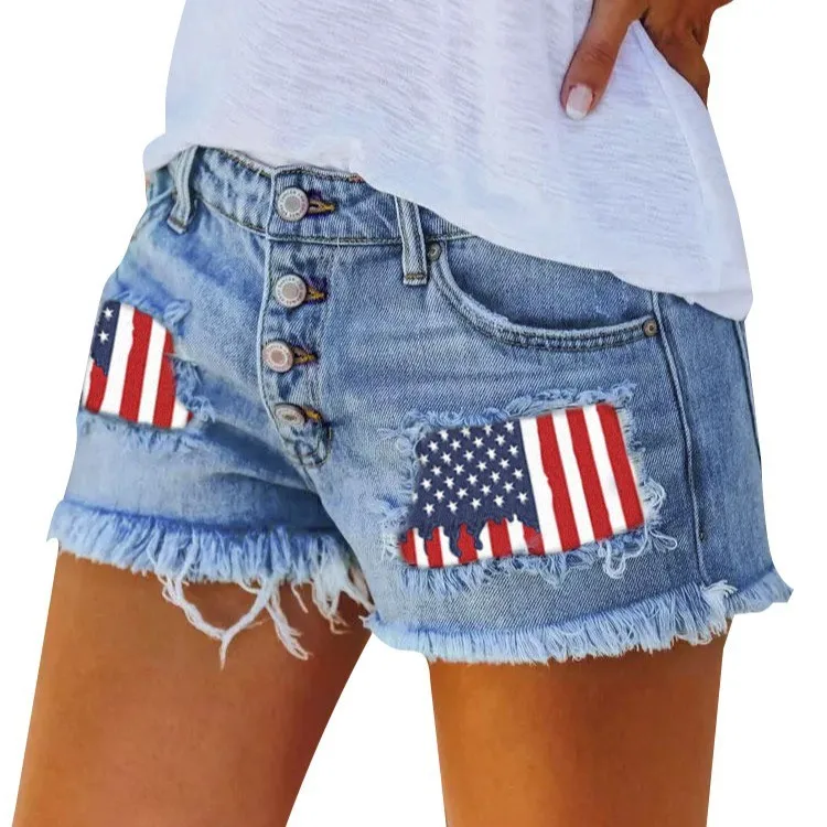 

Casual Women's Mini Blue Denim Shorts Mid Waist Ripped Light Wash Jean Shorts Button Front with Distressed Hem and Back Pocket