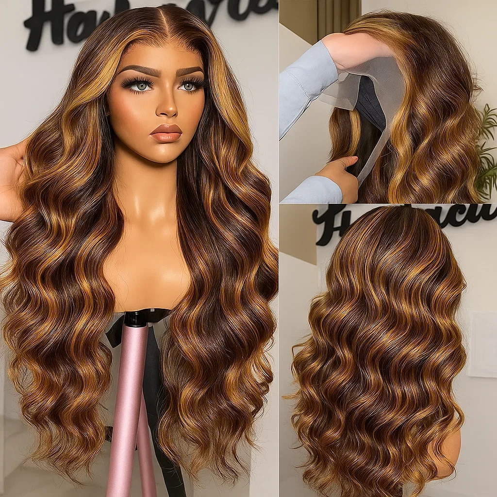 30 بوصة العسل شقراء أومبير الدانتيل شعر مستعار أمامي شعر الإنسان 13x4 HD الدانتيل الباروكة الأمامية 4/27 تسليط الضوء على الجسم موجة الباروكات قبل قطعها #4