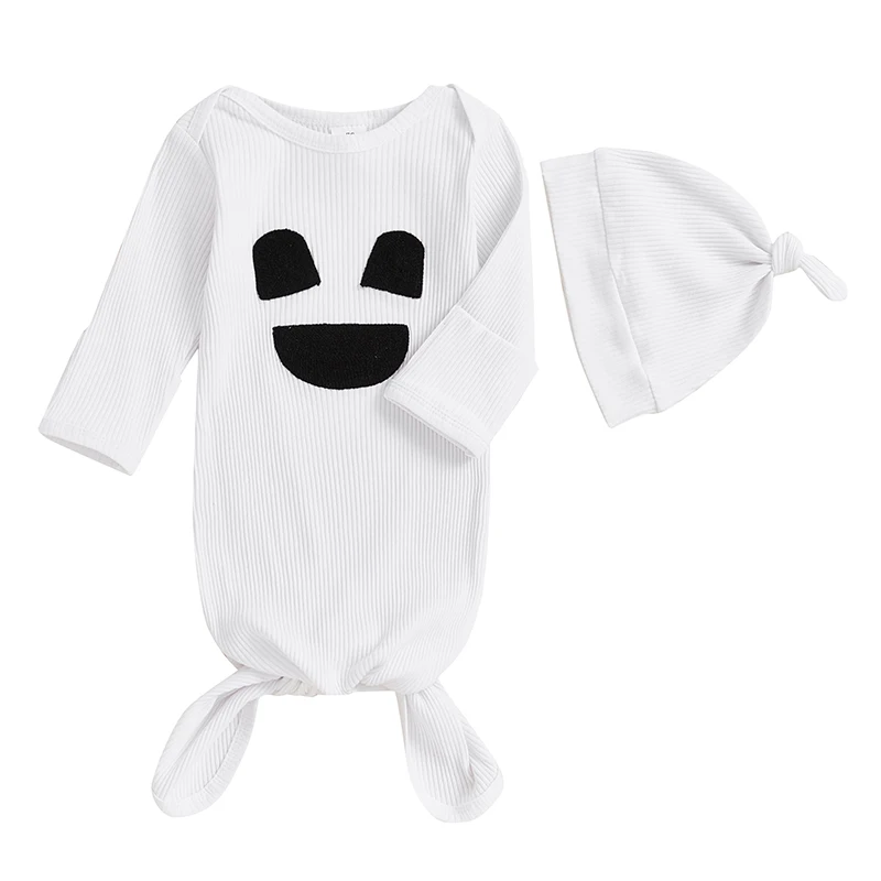 

Baby Sleeping Bag Halloween Ghost Embroidered Long Sleeve Knotted Gown Hat Outfit