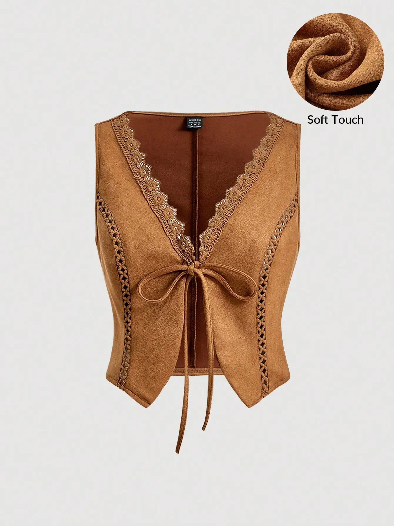 Brązowa kamizelka damska w stylu boho z koronkowym wykończeniem i wiązaniem z przodu, jesienno-zimowa, w stylu western.